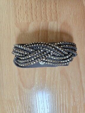 Braided Crystal Accent Wrap Suede Bracelet in Gray